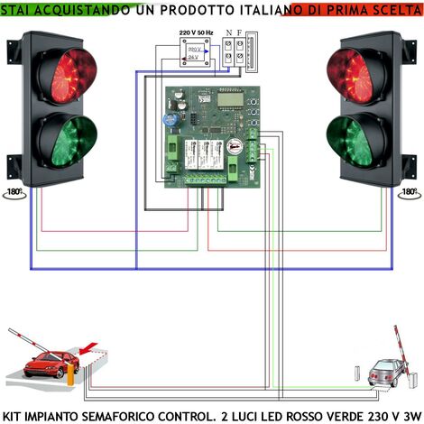 Semaforo Orientabile 180° Kit per Garage 24 Led Rossi 24 Verdi Lente Ø 124 mm Alimen. 230 V 3W IP65 Tempi Regolabili da 8 a 120" 2 Sensori Masse Metalliche Interrate Rilevano Passaggio e Sosta Veicoli