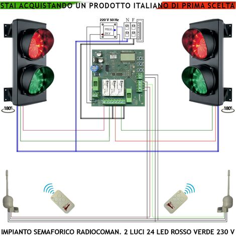 Kit Semafori Orientabile 180° per Condominio 24 Led Rossi e 24 Led Verdi Lente Ø 124 mm Aliment. 230 V 3 W IP65 Tempi Regolabili da 8 a 120" Operatore Prenota con Radiocomandi Ingresso o Sosta Garage