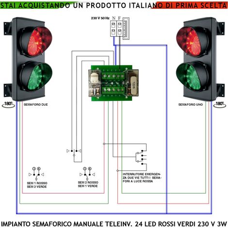 Semaforo Orientabile 180° Rampa Garage Kit Semafori 24 Led Rossi 24 Led Verdi Lente Ø 124 mm Alimentazione 230 V 3 W IP65 Funzioni Teleinvertitore Gestito da Operatore Utile Scarico Merci Autolavaggio