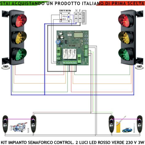 Impianto Semaforo Orientabile 180° 24 Led Rossi 24 Led Gialli 24 Led Verdi 230 V 50 Hz 3 W IP65 Funzioni Gestite da 2 Coppie di Fotocellule Tempi Regolabili da 3 a 240" Ingresso Uscita Veicoli Garage (1/4)
