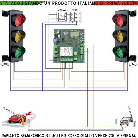 Semafori Orientabili 24 Led Rossi 24 Led Gialli 24 Led Verdi 230 V 50 Hz 3W CE IP65 Funzioni Controllate da 2 Spire Magnetiche 6 MT Tempi Regolabili da 3 a 240" Transito Autoveicoli su Rampa Garage