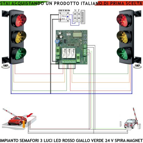Kit Semafori Rampa Garage 3 Luci 3 Schede da 24 Led Rossi 24 Led Gialli 24 Led Verdi 24 V IP65 Centrale Funzioni Gestite da 2 Spire Magnetiche 6 MT Tempi Regolabili da 3 a 240 Secondi Ingresso Uscita (1/4)