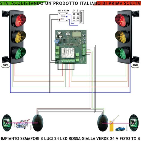 Semafori Gestione Traffico Senso Unico 3 Luci 3 Schede da 24 Led Rossi Gialli e Verdi 24 V IP65 Centrale Con Tempi Regolabili da 3 a 240 Secondi Funzioni Controllate da 2 Coppie di Fotocellule Con TX
