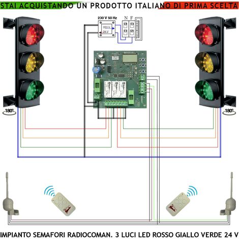 Impianto Kit Semaforo Garage 3 Luci 3 Schede da 24 Led Rossi 24 Led Gialli e 24 Led Verdi 24 V IP65 Centrale Con Tempi Regolabili da 3 a 240 Secon. Funzioni Controllate da 2 Radioriceventi 2 Radiocoma