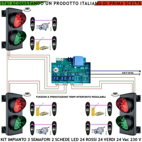 Kit Impianto Semaforo 3 Vie Transito Alternato Tre Semafori 2 Luci 24 Led Rossi e 24 Verdi 24 Vac IP65 Tempi Regolabile da 0,5 a 3 Minuti 6 Coppie Fotocellule Controllano Ordine di Arrivo e di Uscita
