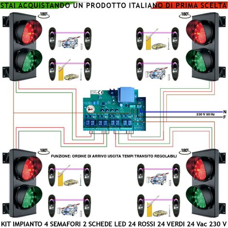 Kit Impianto Semaforo 4 Vie Transito Alternato 4 Semafori 2 Luci 24 Led Rossi e 24 Verdi 24 Vac IP65 Centrale Tempi Percorrenza Regolabili da 0,5 a 3 Minuti Ordine di Arrivo Con 8 Coppie Fotocellule
