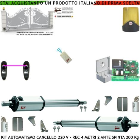 Cancello Automatico 4 Metri 2 Ante Kit Motori 230 V Stelo Retrattile Autobloccante Corsa 300 MM Radiocomando Fotocellule Faro Chiave Cartello Monitore Centrale Luce di Cortesia Condominiale o Pedonale (1/4)