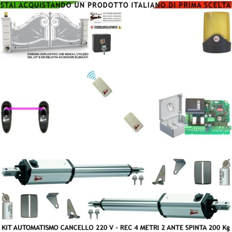 Cancello Elettrico 4 MT 2 Ante Kit 2 Motori 230 V Stelo Retrattile 2 Radiocomandi Fotocellule Faro Selettore Cartello Monitore Centrale Riprogrammabile Luce di Cortesia Apertura Condominiale Pedonale