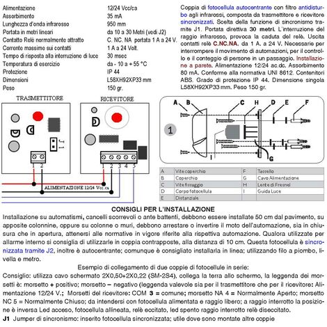 Coppia Fotocellula Controllo di Sicurezza per Cancello Elettrico Automatico  Portata 30 Metri Lineari Montaggio a Parete