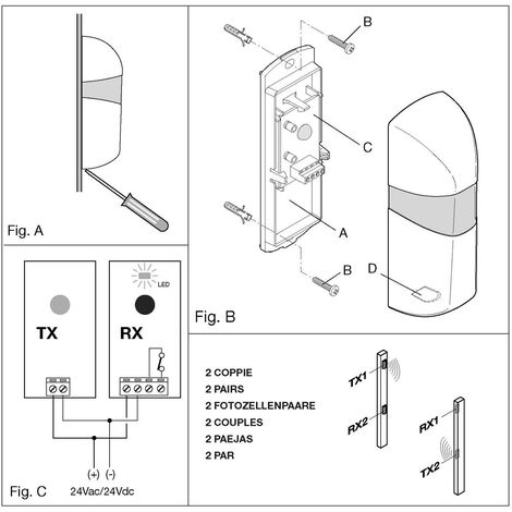 Fotocellule Coppia TX e RX Sicurezza e Controllo Cancello Elettrico  Automatico Cellula130 Portata 15 Metri Montaggio a Parete o Palina  Alimentazione 12/24 Vac