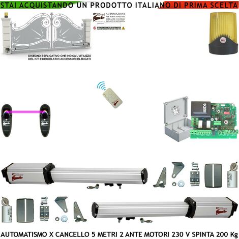 Automazione Cancello 5 Metri 2 Ante da 2,5 MT Kit Base Automatismo 2 Motori Elettromeccanici 230V Spinta 2 Q.li Sblocco Staffe Centrale Con Ricevente Un Radiocomando Faro Fotocellule Cartello Monitore