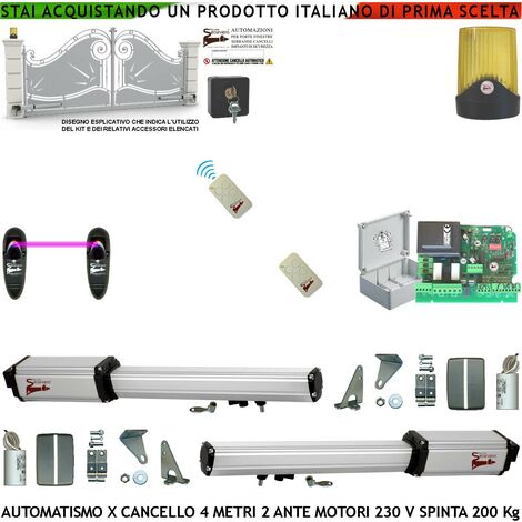 Cancello Automatico 4 Metri 2 Ante da 2 MT Kit Motori Elettromeccanici 230 V Corsa 300 mm Spinta 2 Q.li Sblocco Staffe 2 Radiocomandi Fotocellule Selettore 2 Chiavi Faro X Movimenti Cartello Monitore