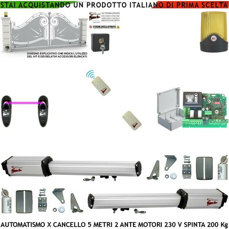 Cancello Elettrico 5 Metri 2 Ante da 2,5 MT Kit Motori Elettromeccanici 230 V Corsa 400mm Spinta 2 Q.li Sblocco Staffe 2 Radiocomandi Coppia Fotocellule Selettore 2 Ck Faro Movimenti Cartello Monitor (1/5)