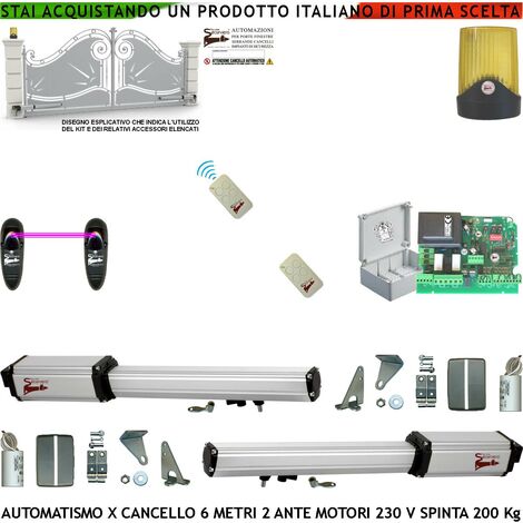 Automazione Cancello 6 Metri 2 Ante 3 MT Kit Base Automatismo 2 Motori Elettromeccanici 230 V Spinta 2 Q.li Staffe 2 Chiavi Sblocco Centrale Comando 2 Radiocomandi Faro Fotocellule Cartello Monitore (1/5)