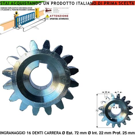 Ingranaggio Esterno 16 Denti Ricambio Motore Carrera 113000/1 Ruota Dentata x Cremagliera Cancello Scorrevole Universale M4 in Acciaio Ø Ex 72 mm Ø foro 22 mm Zeppa di Fissaggio 25 mm Spessore 25 mm