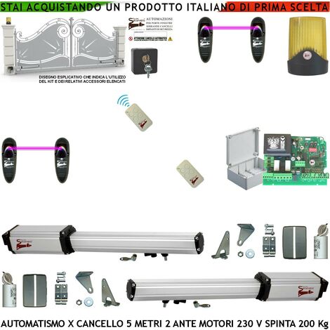 Cancello Elettrico Battente 5 Metri 2 Ante da 2,5 MT Kit Automatismo 2 Motori Elettromeccanici 230 V Corsa 400 mm Spinta 2 Q.li Sblocco Centrale Con 2 Radiocomandi Faro 2 Fotocellule Cartello Monitore