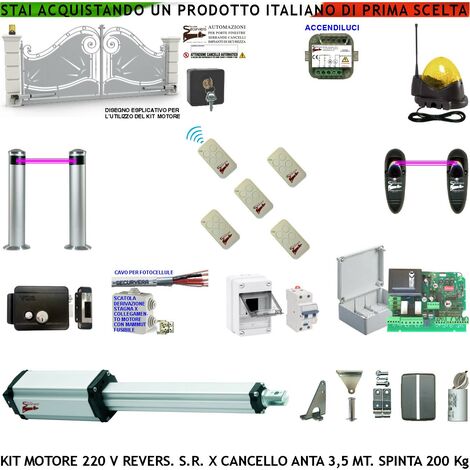 Cancello 3,5 Metri Kit Automazione Motore Elettromeccanico 230 V Reversibile Centrale 2 Coppie Fotocellule 2 Pali 5 Radiocomandi Faro Elettroserratura Selettore 2 Ck Scatola Fuse IP55 Cavo Accendiluci (1/4)