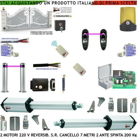 Kit Automatismo Cancello da 7 Metri 2 Ante da 3,5 MT Motori Elettromeccanici 230 V Reversibili Centrale 2 Coppie Fotocellule 2 Radiocomandi Faro Serratura Paletto Selettore 2 Scatole Fusibili 2 Cavi (1/4)