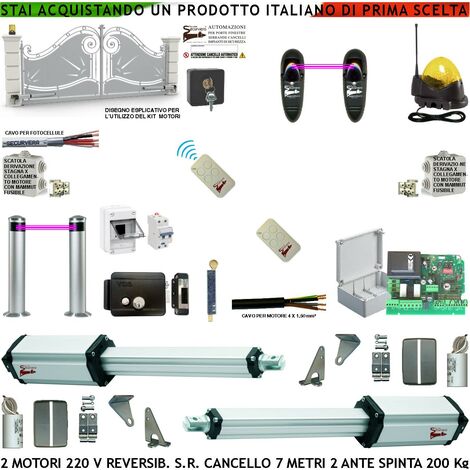 Kit Automatismo Cancello 7 MT 2 Ante da 3,5 MT Motori Elettromeccanici Reversibili 230 V Centrale 2 Coppie Fotocellule 2 Radiocomandi Salvavita Faro Serratura Paletto Selettore Scatole Fusibili Cavi (1/4)