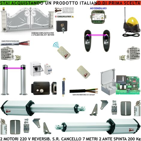 Cancello Elettrico 7 MT 2 Ante da 3,5 MT Kit Motori Meccanici Reversibili 230 V Centrale Fotocellule Radiocomandi Salvavita Faro Antenna Serratura Paletto Selettore Scatole Fusibili Cavi Accendiluci (1/4)