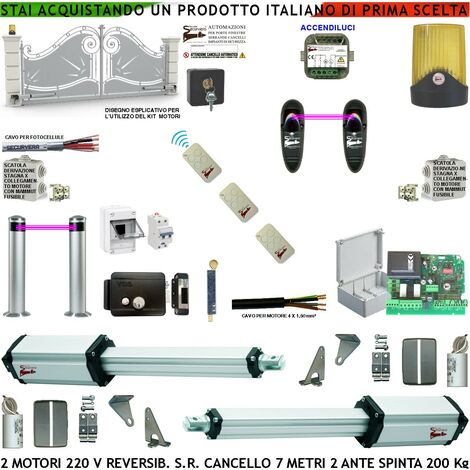 Cancello Automatico 7 MT 2 Ante da 3,5 MT Kit Motori Elettromeccanici Reversibili 230 V Centrale Fotocellule 3 Radiocomandi Salvavita Faro Serratura Paletto Selettore Scatole Fusibili Cavi Accendiluci (1/4)