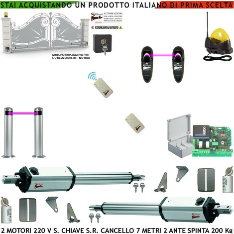 Automazione per Cancello da 7 Metri 2 Ante da 3,5 Metri Kit 2 Motori Elettromeccanici 230 V Stelo Retrattile Sblocco Corsa 600 mm 250 Kg Centrale Radio 2 Radiocomandi Paline Fotocellule Faro Selettore (1/4)