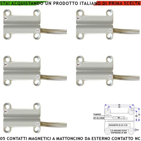 Contatto Magnetico da Esterno 5 Pezzi Antifurto Porte Finestre Contatto Reed NC Sottovuoto Sensibilità Magnetica 13 mm Tensione Max 100 V 1 Ah Carico Resistivo Protezione IP65 4 Fili 2 NC e 2 Tamper