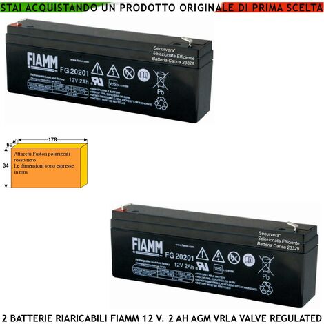 Batteria Ermetica Antifurto 12 V. 2 Ah 2 Pezzi Collegamento Tramite 2 Faston 5 mm Polarizzati AGM VRLA Valve Regulated Selezionata da Securvera Caricata Marca Fiamm PRC Dimensioni L178XP34XH60 mm