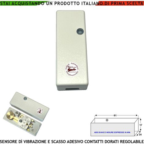 Rilevatore Sensore Vibrazioni Continue e Scasso Antifurto Filo Inferriate Porte Vetrate Regolazione Meccanica del Martelletto Oscillante Contatto Allarme NC Tamper Contenitore Adesivo ABS Bianco IP30