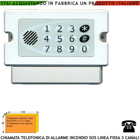 Combinatore Telefonico Soccorso 3 Canali Programmabili 3 Messaggi da 15” Sintesi Vocale Richiama 2/9 Volte Allarme Incendio Rapina SOS Incorpora Microfono e Altoparlante Blocco Chiamate Aliment. 12 V (1/3)