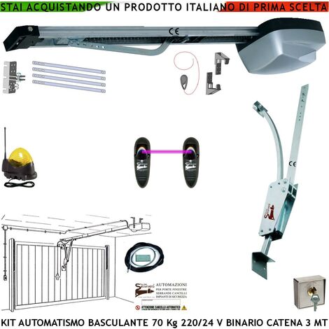 Kit per Porta Basculante 70 Kg Motore 220/24 V da Soffitto Automatico Faro Antenna Selettore Binario Alluminio Catena Acciaio 3 Metri Cordino Per Sblocco Pattino. Archetto Oscillante Luce di Cortesia