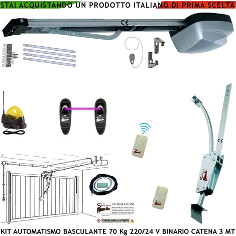 Kit Automatismo Motore 220/24 V da Soffitto per Porta Basculante 70 Kg Faro Antenna Binario Alluminio Catena Acciaio 3 Metri Cordino Sblocco Pattino 2 Radiocomandi Archetto Oscillante Luce di Cortesia (1/4)