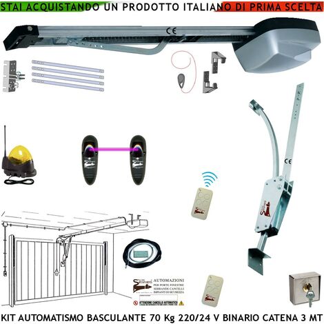 Kit Automazione Motore 220/24 V da Soffitto per Porta Basculante 70 Kg Faro Antenna Selettore Binario Alluminio Catena Acciaio 3 Metri Cordino Sblocco Pattino 2 Radiocomandi Archetto Luce di Cortesia