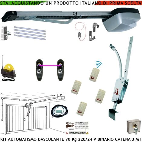 Basculante 70 Kg Kit Automatismo Motore 220/24 V da Soffitto 4 Radiocomandi Faro Antenna Selettore Binario Alluminio Catena Acciaio 3 Metri Cordino Sblocco Pattino Archetto Oscillante Luce di Cortesia (1/4)