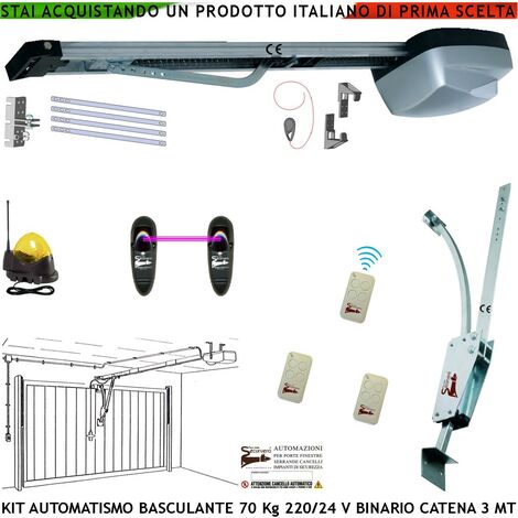 Kit Motore 220/24 V da Soffitto x Cler Porta Basculante 70 Kg Automatica Archetto Fotocellule 3 Radiocomandi Faro Antenna Binario Alluminio Catena Acciaio 3 Metri Sblocco Sul Pattino Luce di Cortesia