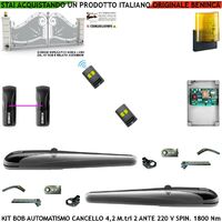 Kit BOB Automazione Cancello 4,2 Metri 2 Ante Motori Elettromeccanici 230 V Corsa 325 mm Spinta 1800 Nm Sblocco a Chive Staffe Fissaggio 2 Radiocomandi Coppia Fotocellule Lampeggiante Led con Antenna