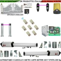 Cancello Automatico 4 Metri 2 Ante da 2 MT Kit 2 Motori Elettromeccanici 230 V Sblocco Corsa 300mm Spinta 2 Q.li Staffe 2 Coppie Fotocellule 2 Pali 7 Radiocomando Selettore 2 Ck Faro Cartello Monitore