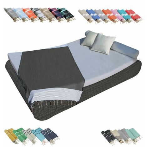 Véritable fouta Tunisienne 1m x 2m tissage à plat ou nid d'abeille 100% coton 380g - Gris foncé et blanc - Vivezen
