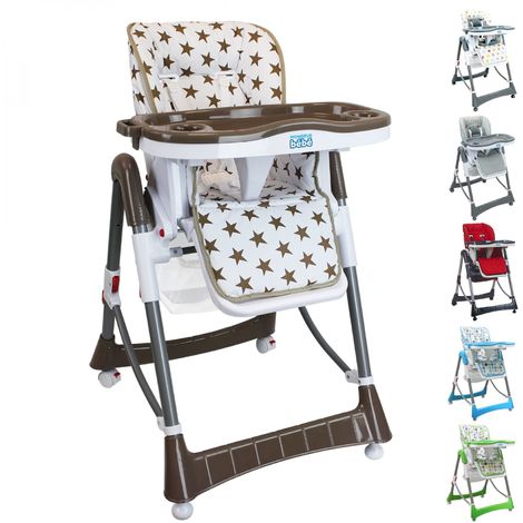 Chaise haute bébé, enfant pliable, réglable hauteur, dossier et tablette - Ptit Stars - Blanc - Monsieur Bébé - Marron