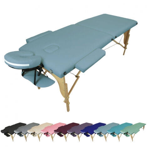Table de massage pliante 2 zones en bois avec panneau Reiki + Accessoires et housse de transport - Bleu pastel - Vivezen
