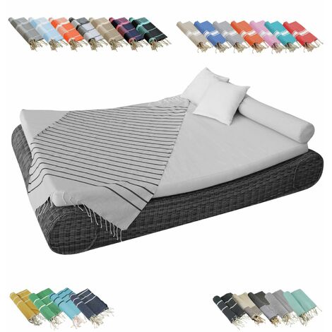 Véritable fouta Tunisienne 1m x 2m tissage à plat 100% coton 380g - Horizon - Lin et Noir - Vivezen