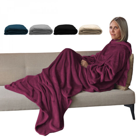 Couverture polaire plaid intégral avec manches et poche - Adulte 210 x 140 cm - Prune - Vivezen