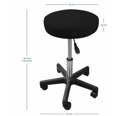 Tabouret d'atelier rond à roulettes réglable en hauteur de 43.5 à 60.5 cm et pivotable à 360° - Noir - Vivezen