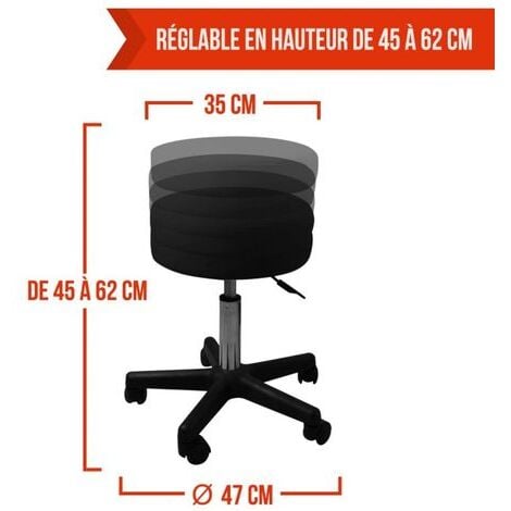 Tabouret d'atelier rond à roulettes réglable en hauteur de 43.5 à 60.5 cm et pivotable à 360° - Noir - Vivezen
