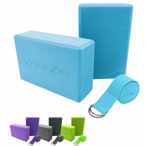 Lot de 2 briques de yoga 23 x 15 x 7,5 cm et sangle de yoga 183 x 3,8 cm - EVA - Bleu - Vivezen