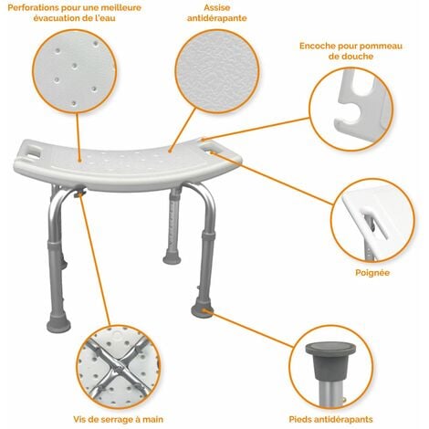 Tabouret De Douche Rectangle Réglable En Hauteur Vivezen - Blanc - En Aluminium Et Polypropylène
