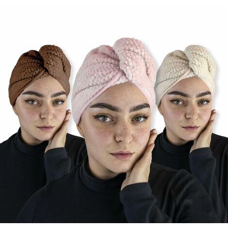 Lot de 3 serviettes turban pour cheveux - Microfibre - Beige rose et marron - Vivezen (1/4)