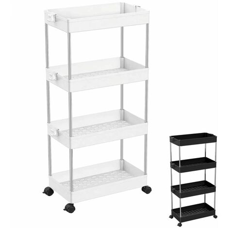 Linxor – Desserte de cuisine à roulettes large – 4 étagères en plastique haute qualité – Dimensions 86x40x21.5cm – Couleur blanche – 4 crochets de suspension