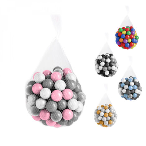 Sac de 100 balles de jeu piscine 5,5 cm – Couleurs rose, gris, blanc, transparent – Plastique souple indéformable – Filet réutilisable – Monsieur Bébé