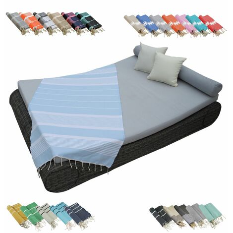 Véritable fouta Tunisienne 1m x 2m tissage à plat ou nid d'abeille 100% coton 380g - Bleu Ciel et blanc - Vivezen